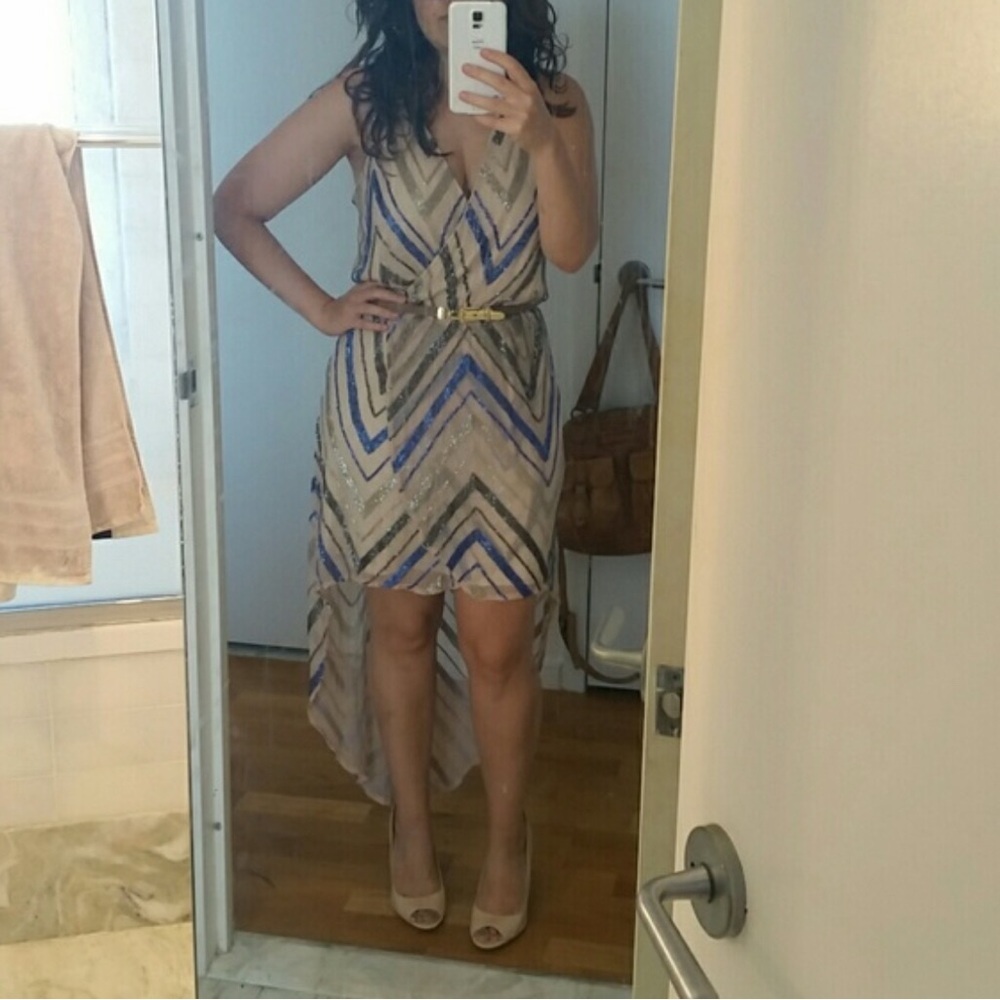 Parker High Low Beaded Dress with Blue and Gold Chevron